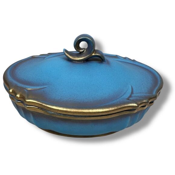 Wien Keramos Other - Vintage Wien Keramos Ceramic Dish with Lid 8" Blue & Metallic Gold Matte 3207